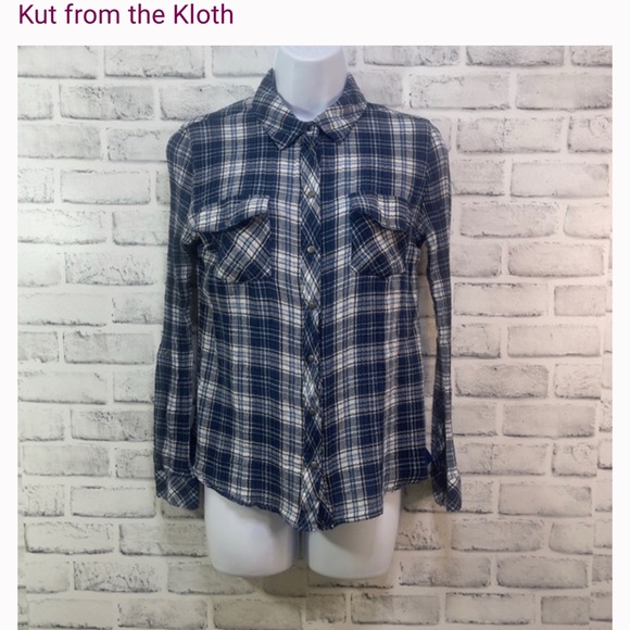 “KUT from the Kloth” Women’s Blue Plaid Button-Up Shirt w/Roll-Tab Sleeves EUC - Picture 1 of 14